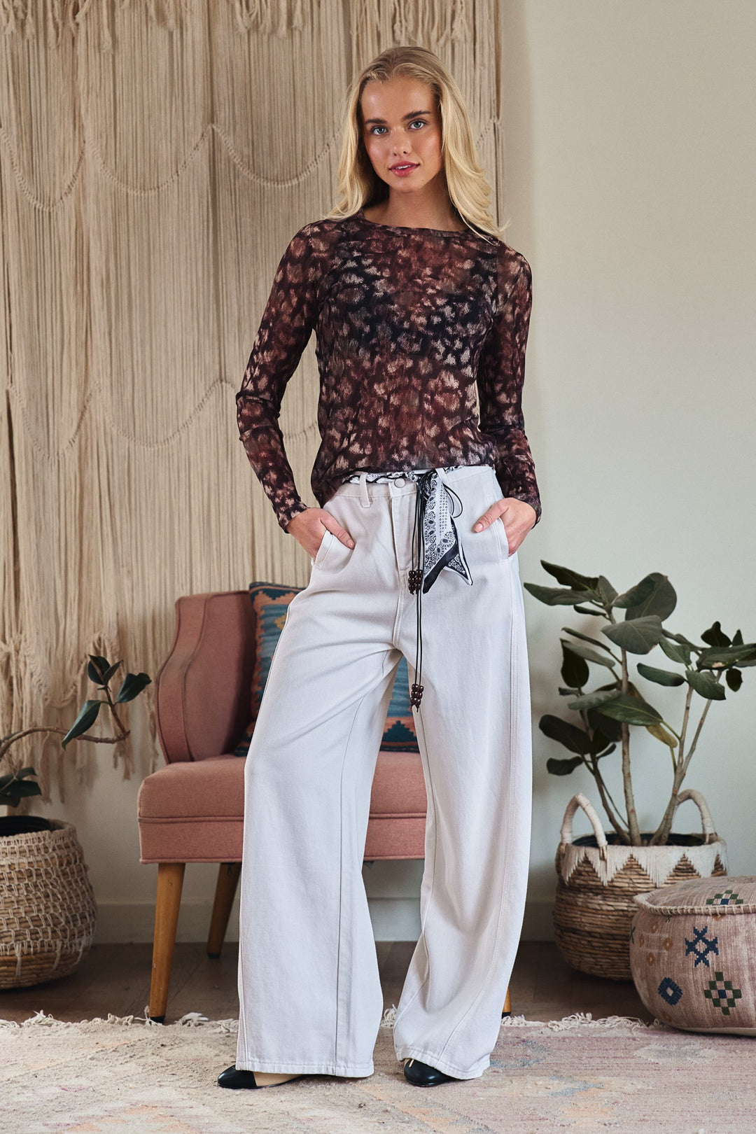 wide leg denim pants with braided scarf belt - white