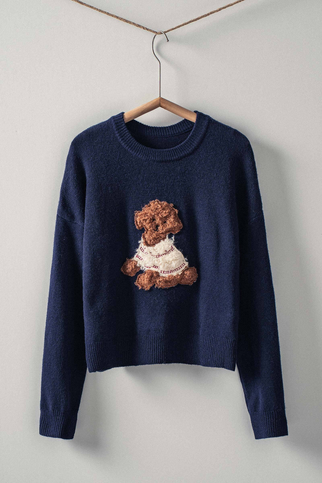fluffy puppy patch embroidered knit sweater - navy