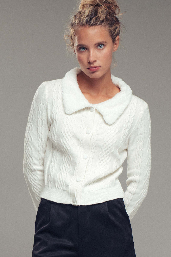 Faux Fur Collar Cable Knit Cardigan