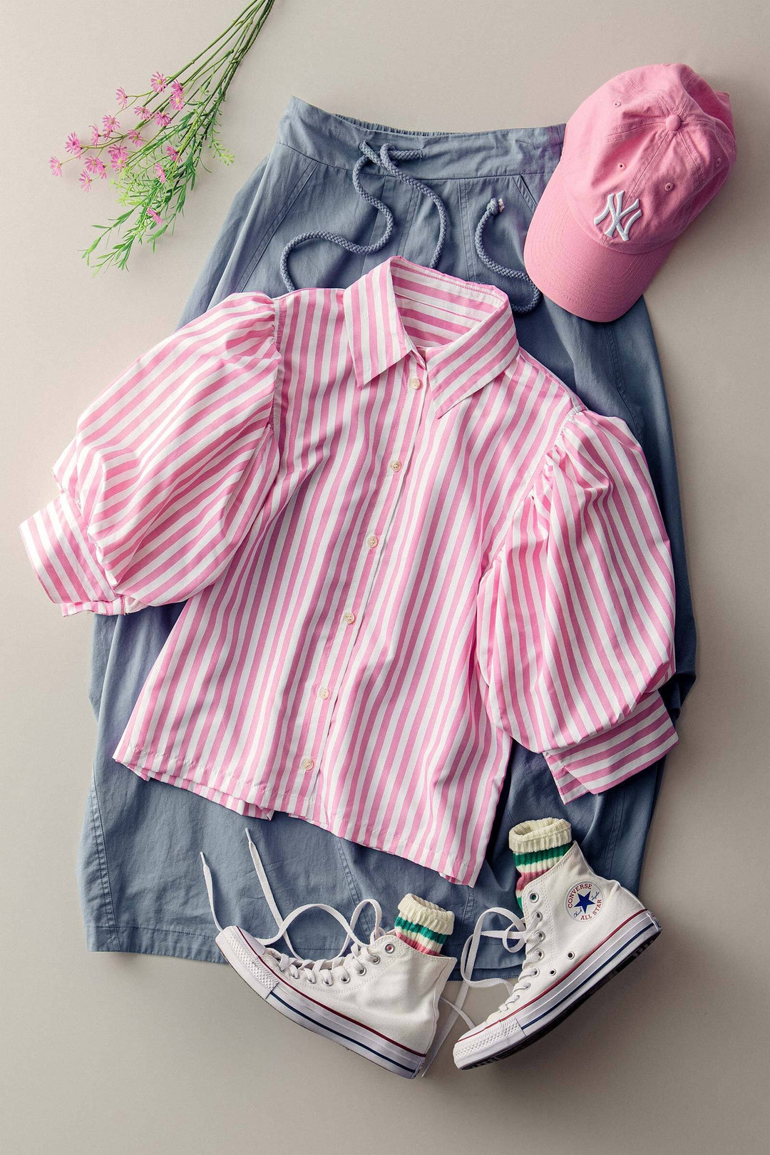 chic blue striped puff sleeve blouse - pink stripe