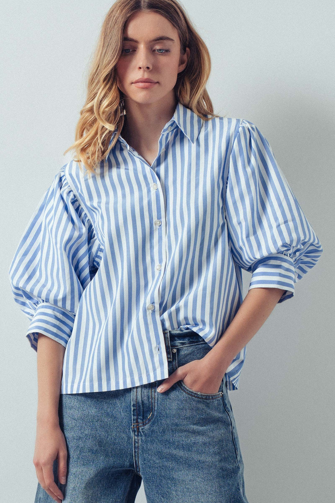 chic blue striped puff sleeve blouse - blue stripe (additional view)