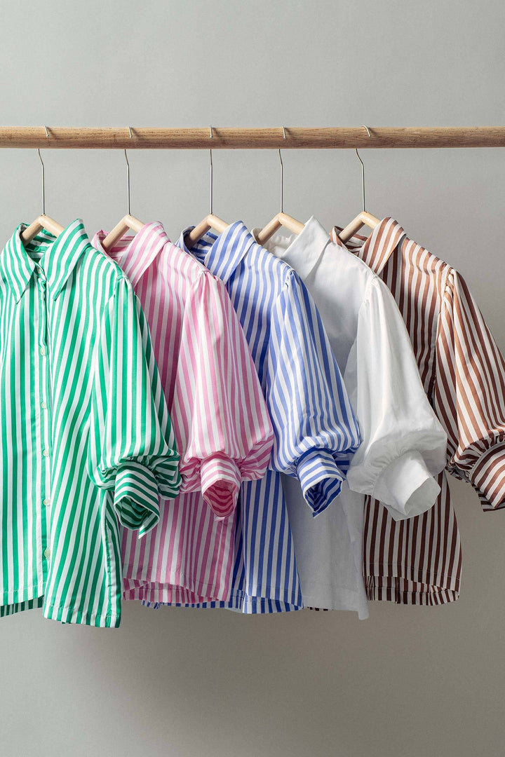 chic blue striped puff sleeve blouse - default