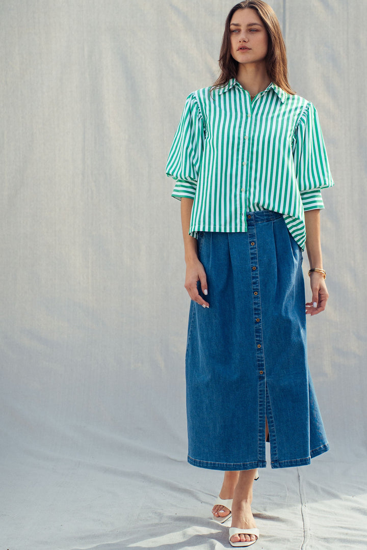 chic blue striped puff sleeve blouse - green stripe (additional view)