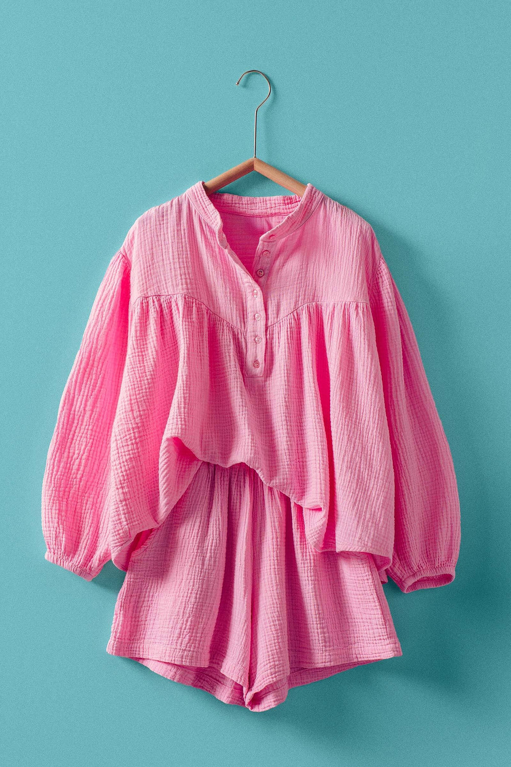 garment dyed gathered yoke detail button blouse - pink