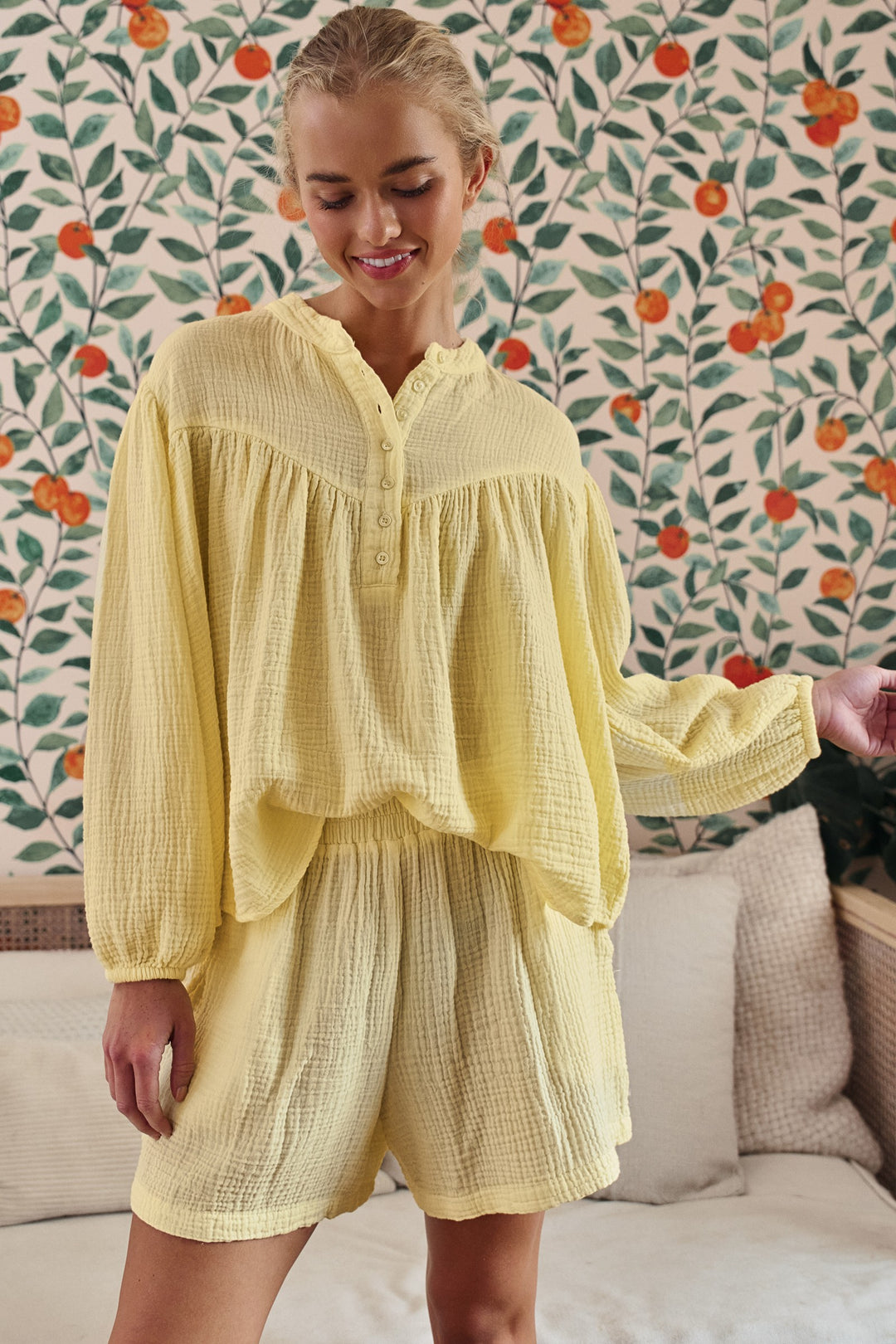 garment dyed gathered yoke detail button blouse - default