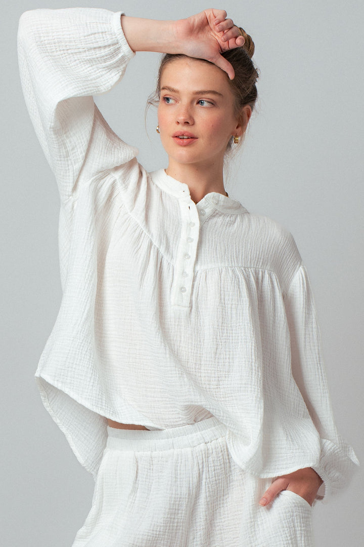 garment dyed gathered yoke detail button blouse - ivory (additional view)