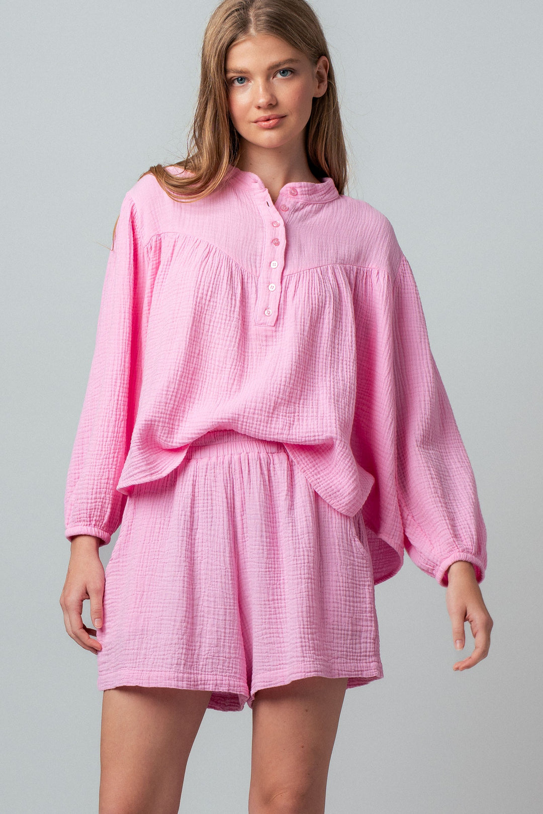 garment dyed gathered yoke detail button blouse - pink