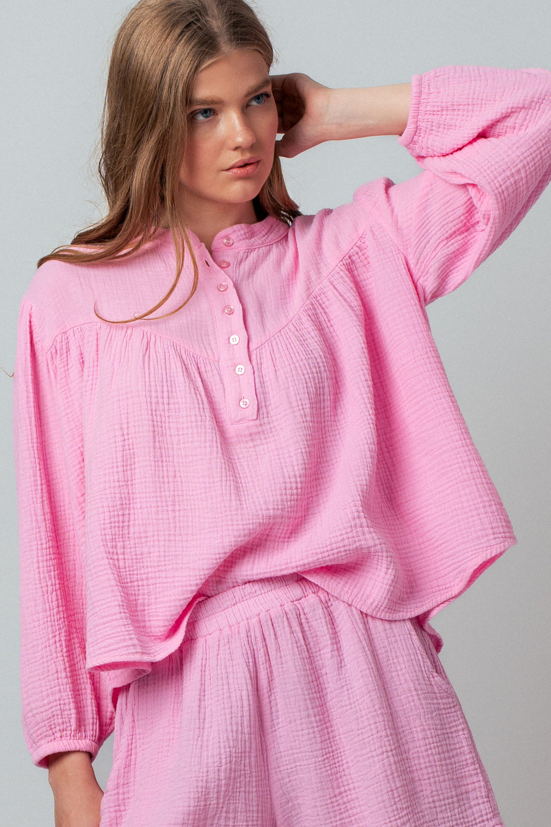 garment dyed gathered yoke detail button blouse - pink (additional view)