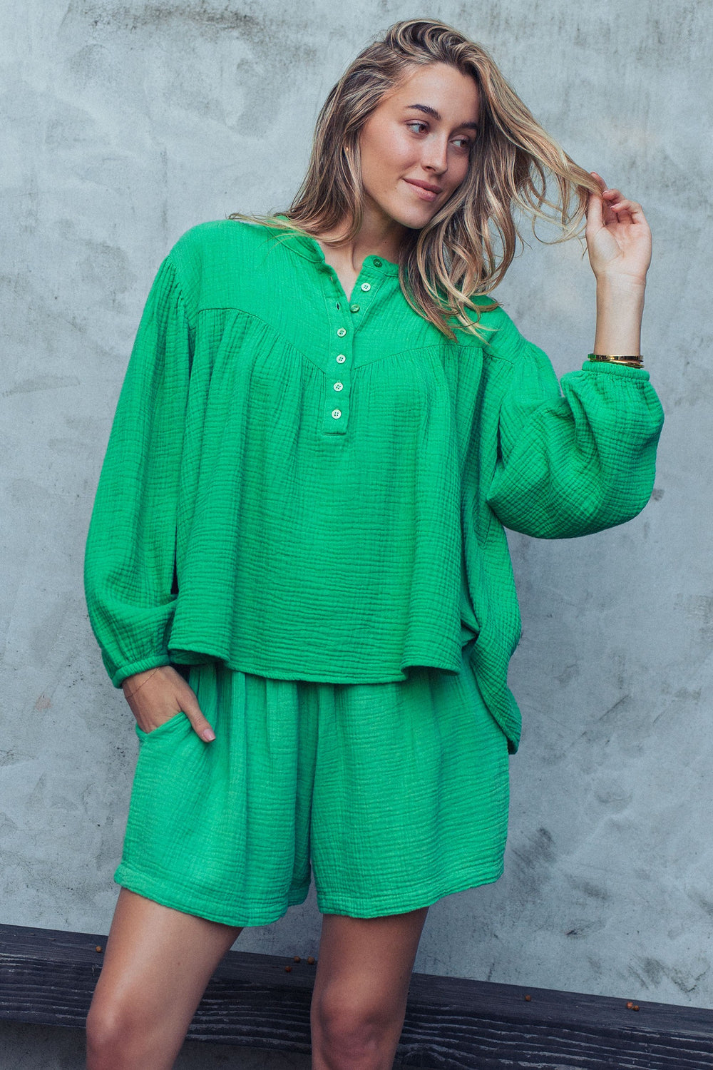 garment dyed cotton gauze lounge set - green (additional view)