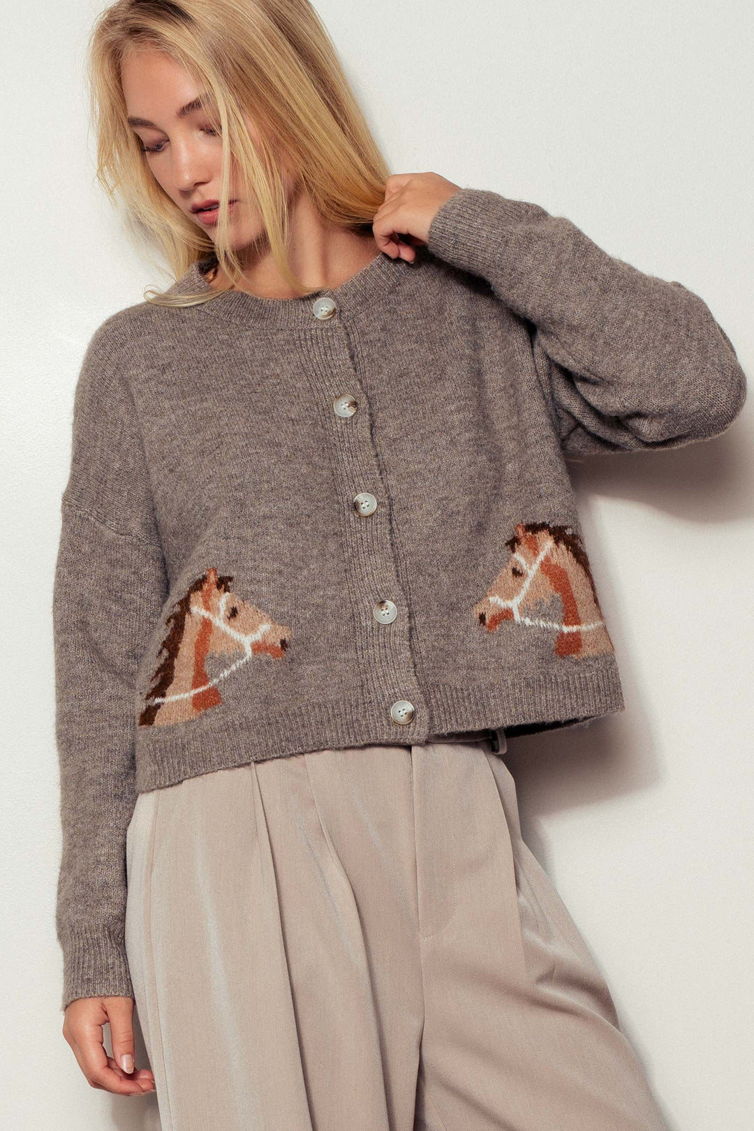 western horse graphic button up knit cardigan - mocha (additional view)