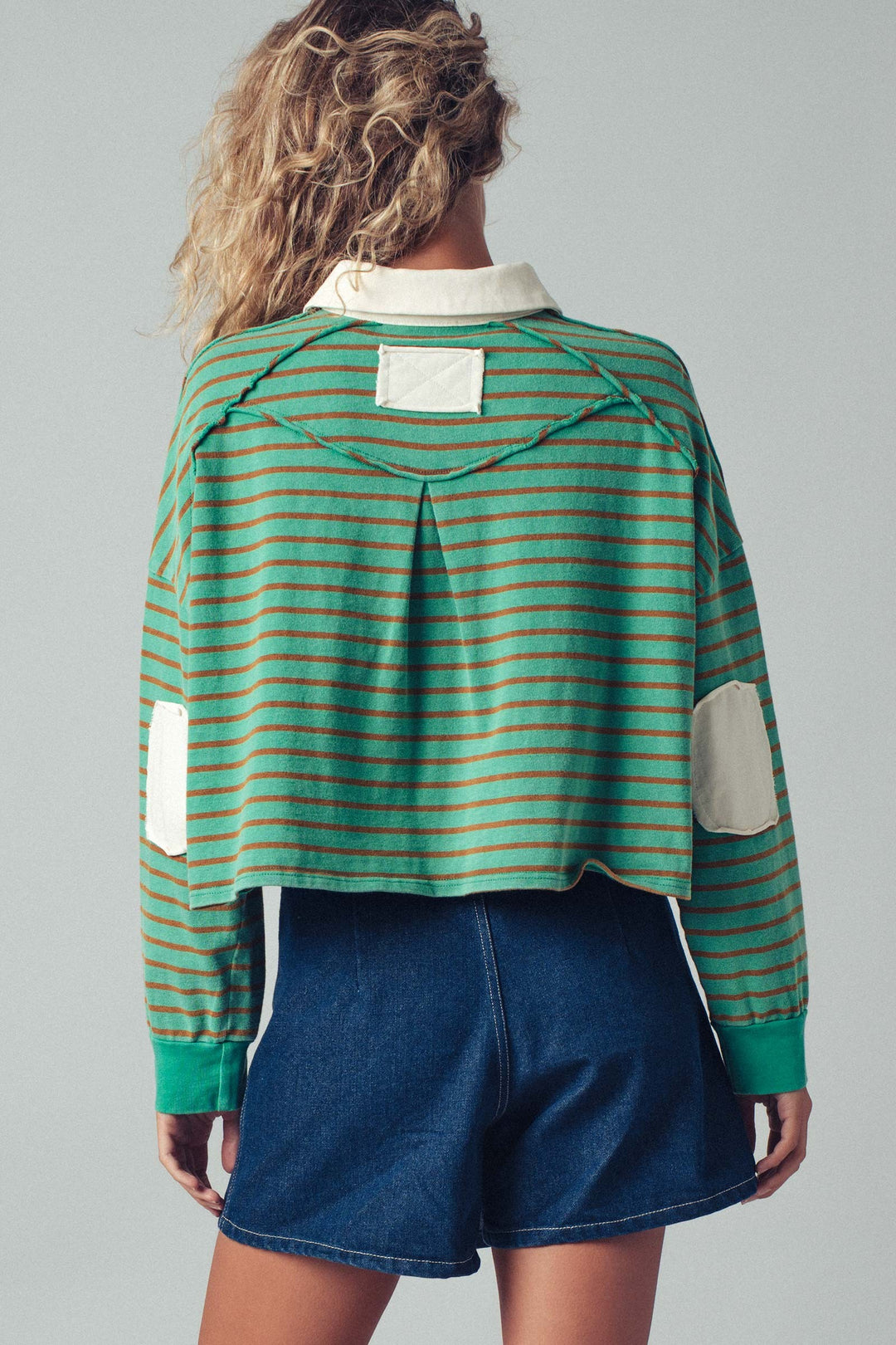 striped green cropped polo top with elbow patch - green