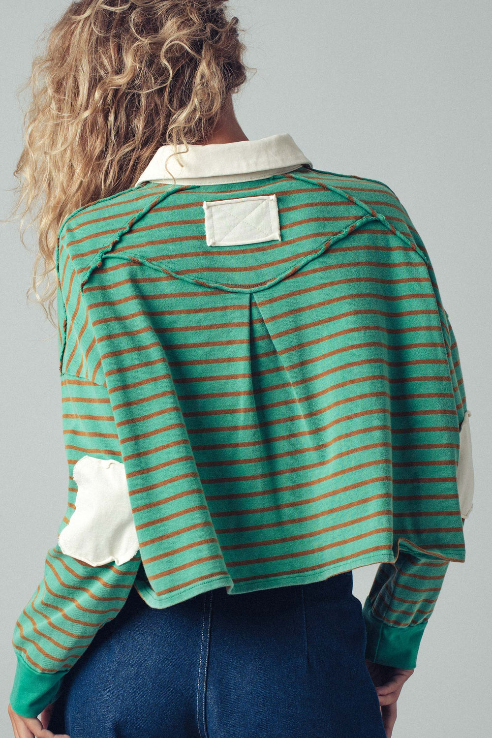striped green cropped polo top with elbow patch - green (additional view)