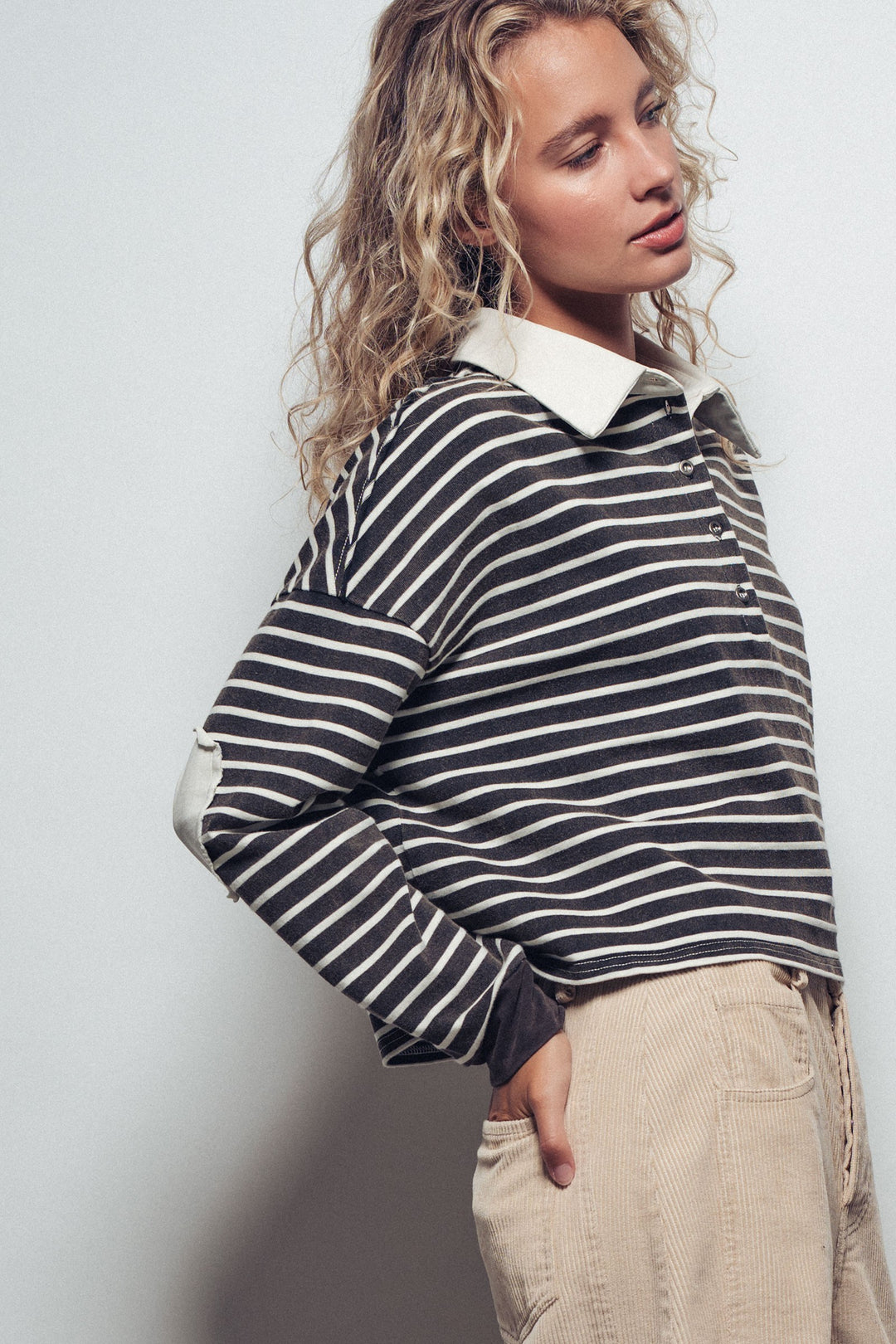 striped green cropped polo top with elbow patch - black white (additional view)