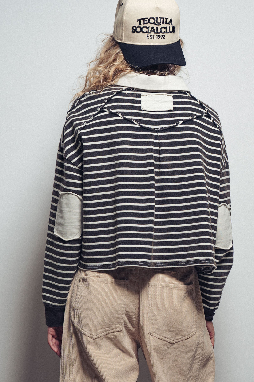 striped green cropped polo top with elbow patch - black white