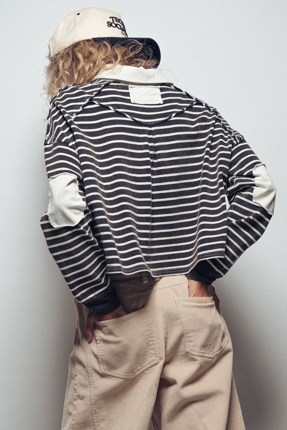 striped green cropped polo top with elbow patch - black white (additional view)