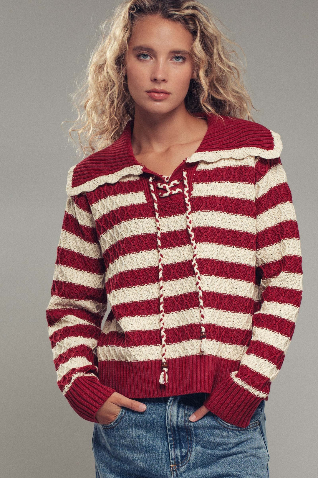 Textured Stripe Cable Knit Wide Collar Sweater