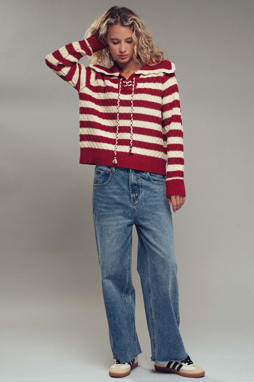 Textured Stripe Cable Knit Wide Collar Sweater, additional view