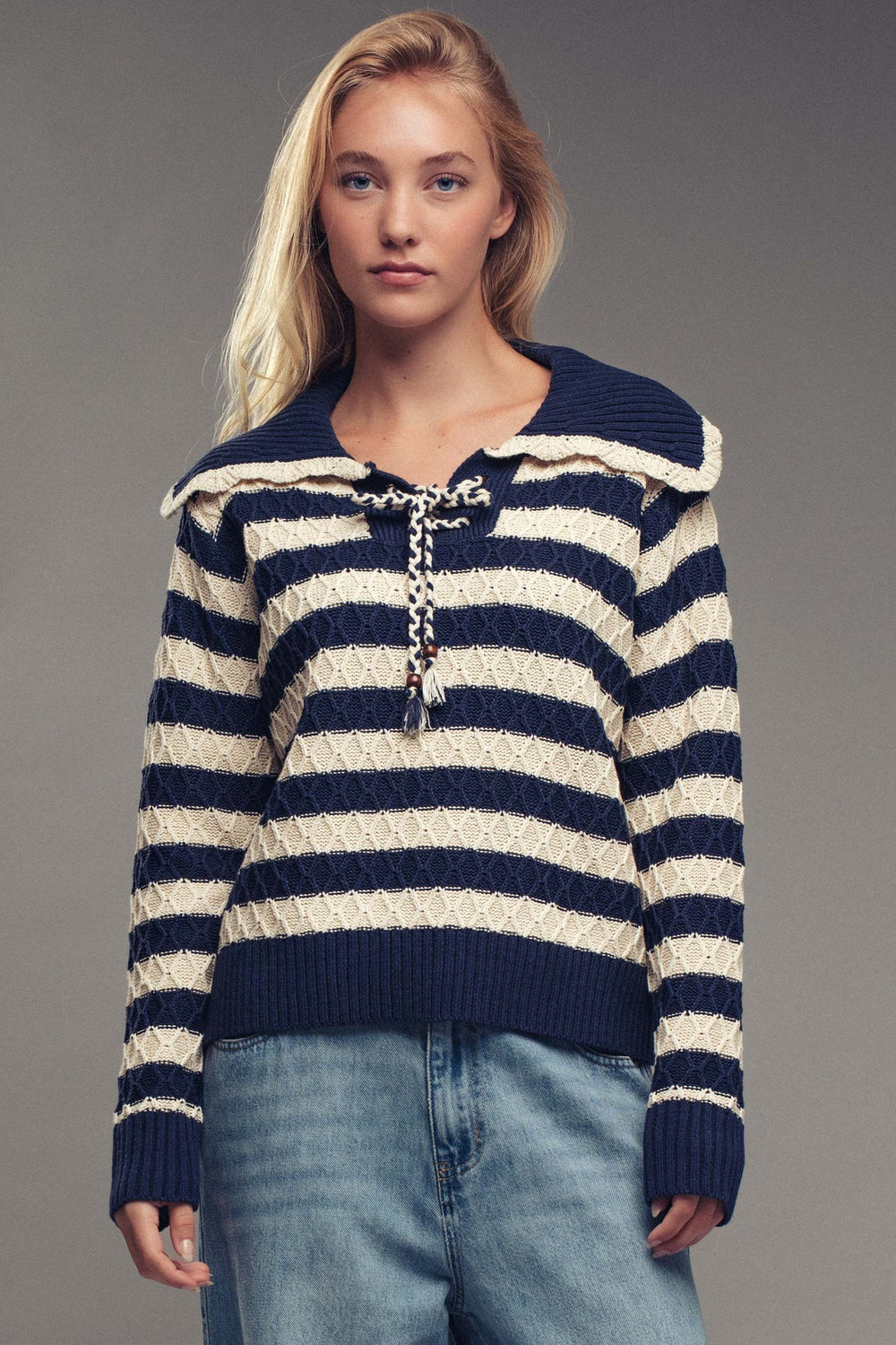 textured stripe cable knit wide collar sweater - navy (additional view)