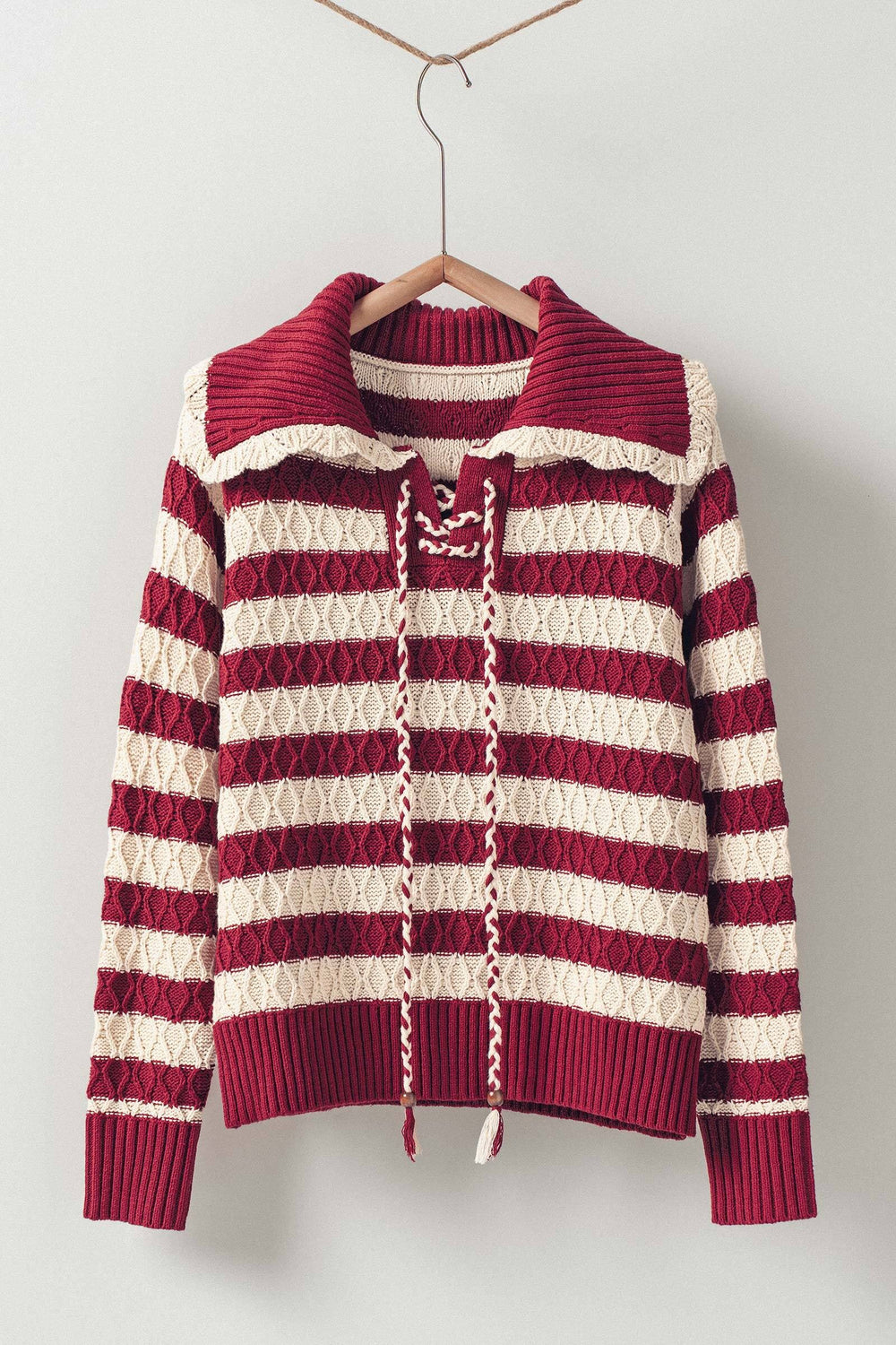 textured stripe cable knit wide collar sweater - burgundy