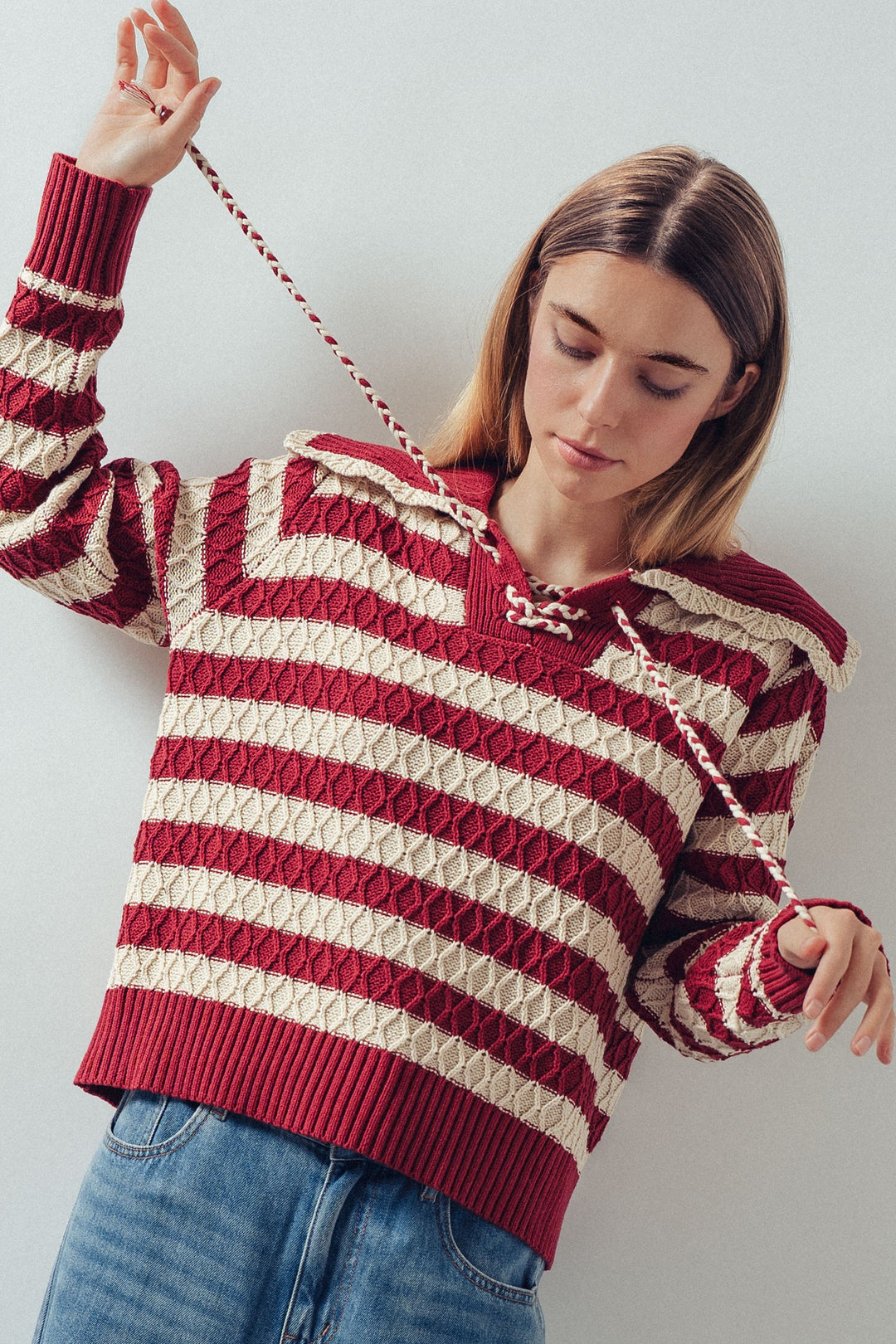 textured stripe cable knit wide collar sweater - burgundy