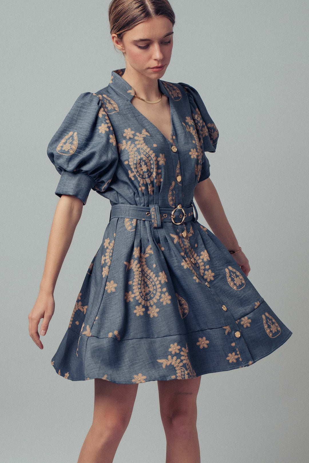 puff sleeve mini dress - denim blue