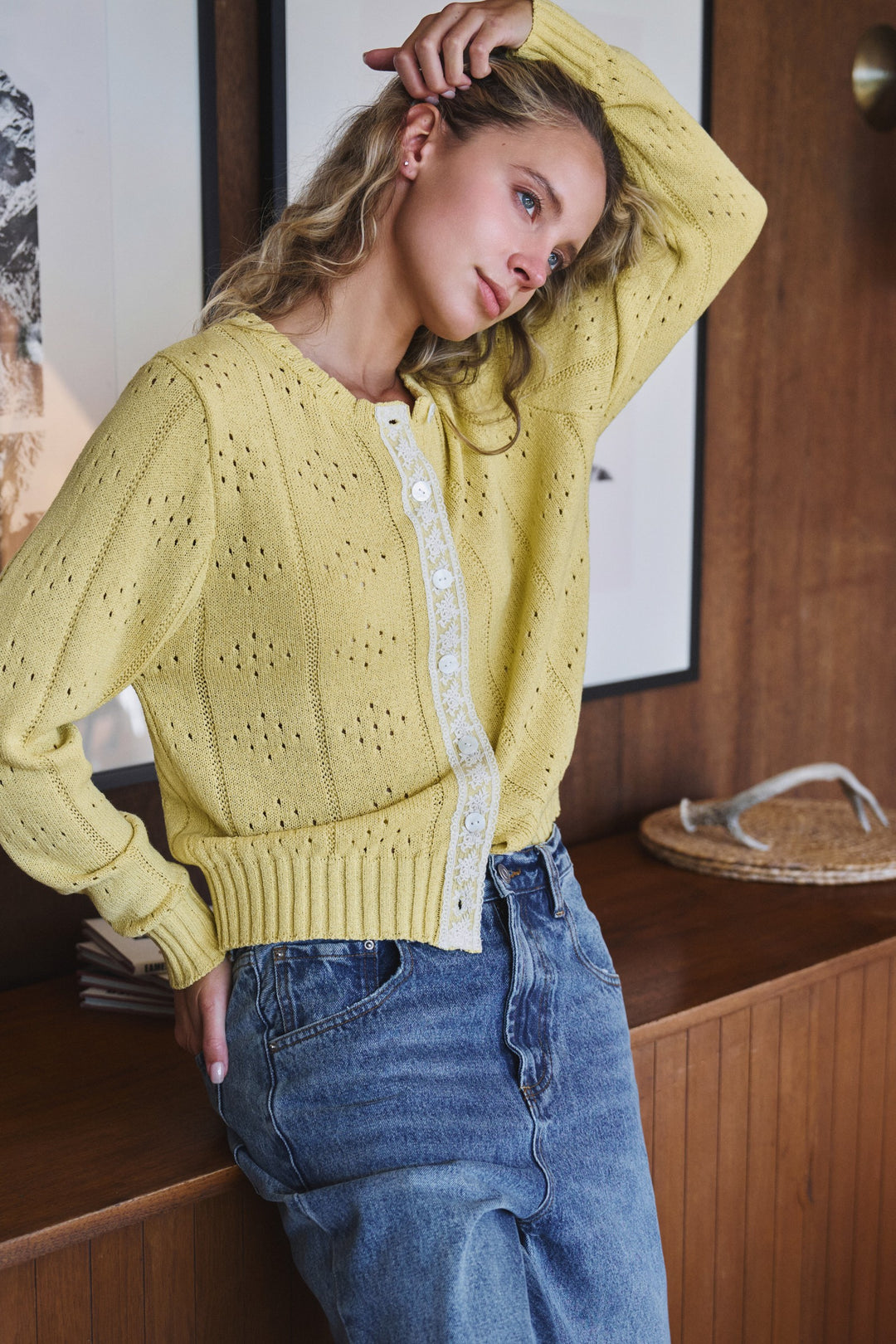 lace trim pointelle cardigan - kiwi