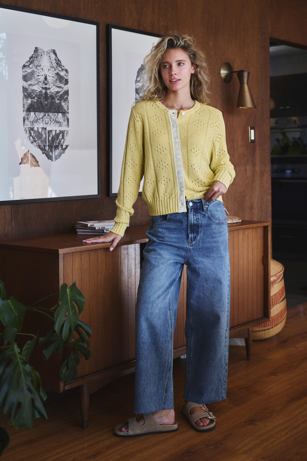 lace trim pointelle cardigan - kiwi (additional view)