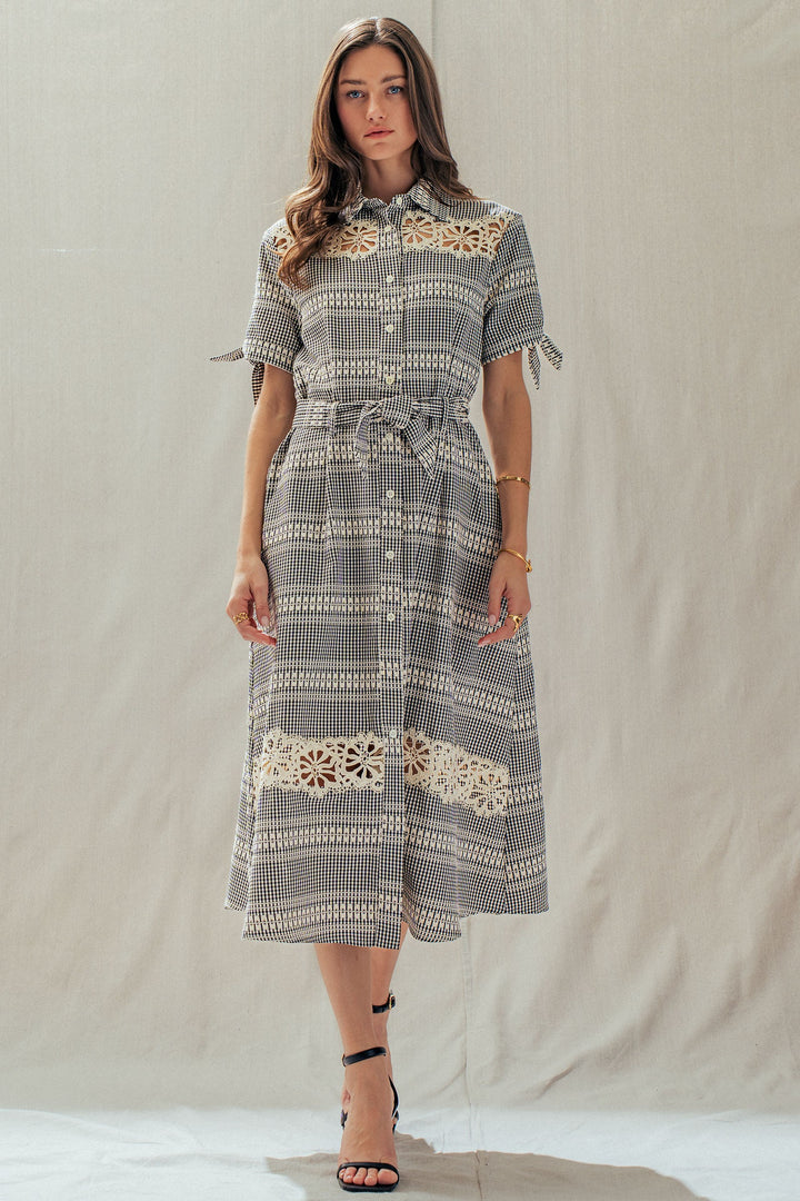 lace trim gingham button front midi dress - black