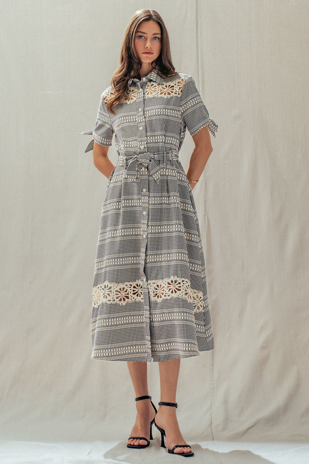 lace trim gingham button front midi dress - black (additional view)