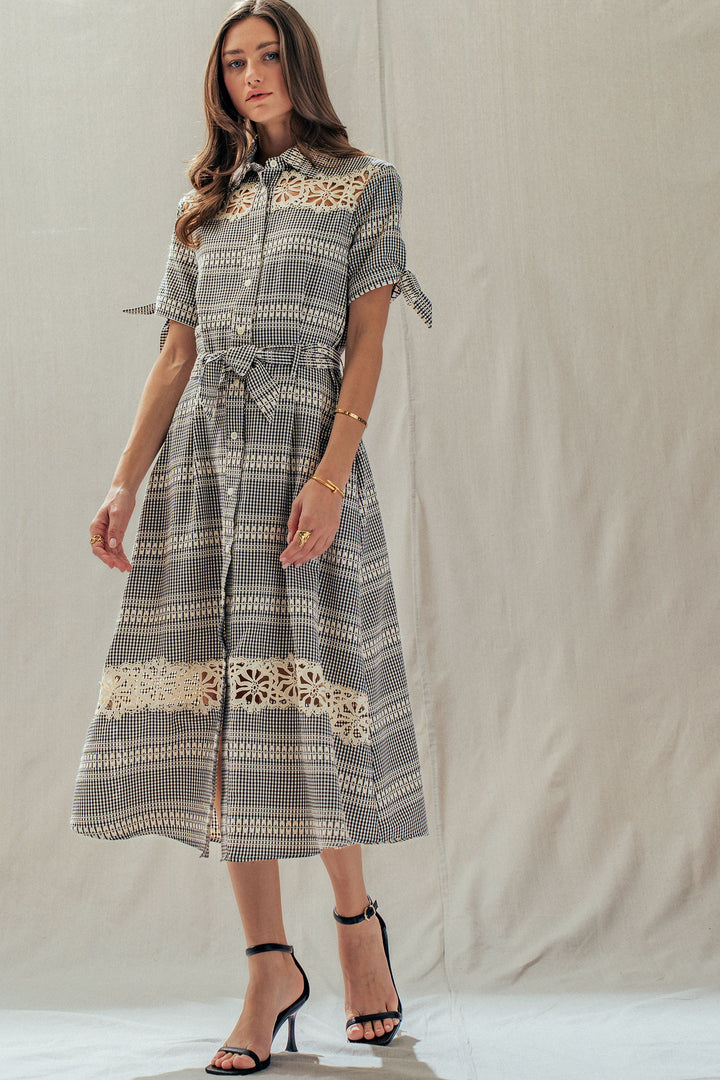 lace trim gingham button front midi dress - black (additional view)