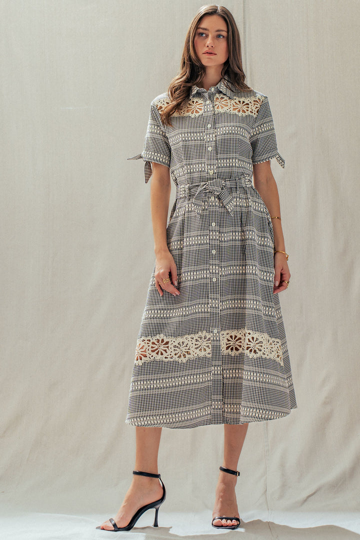lace trim gingham button front midi dress - black (additional view)