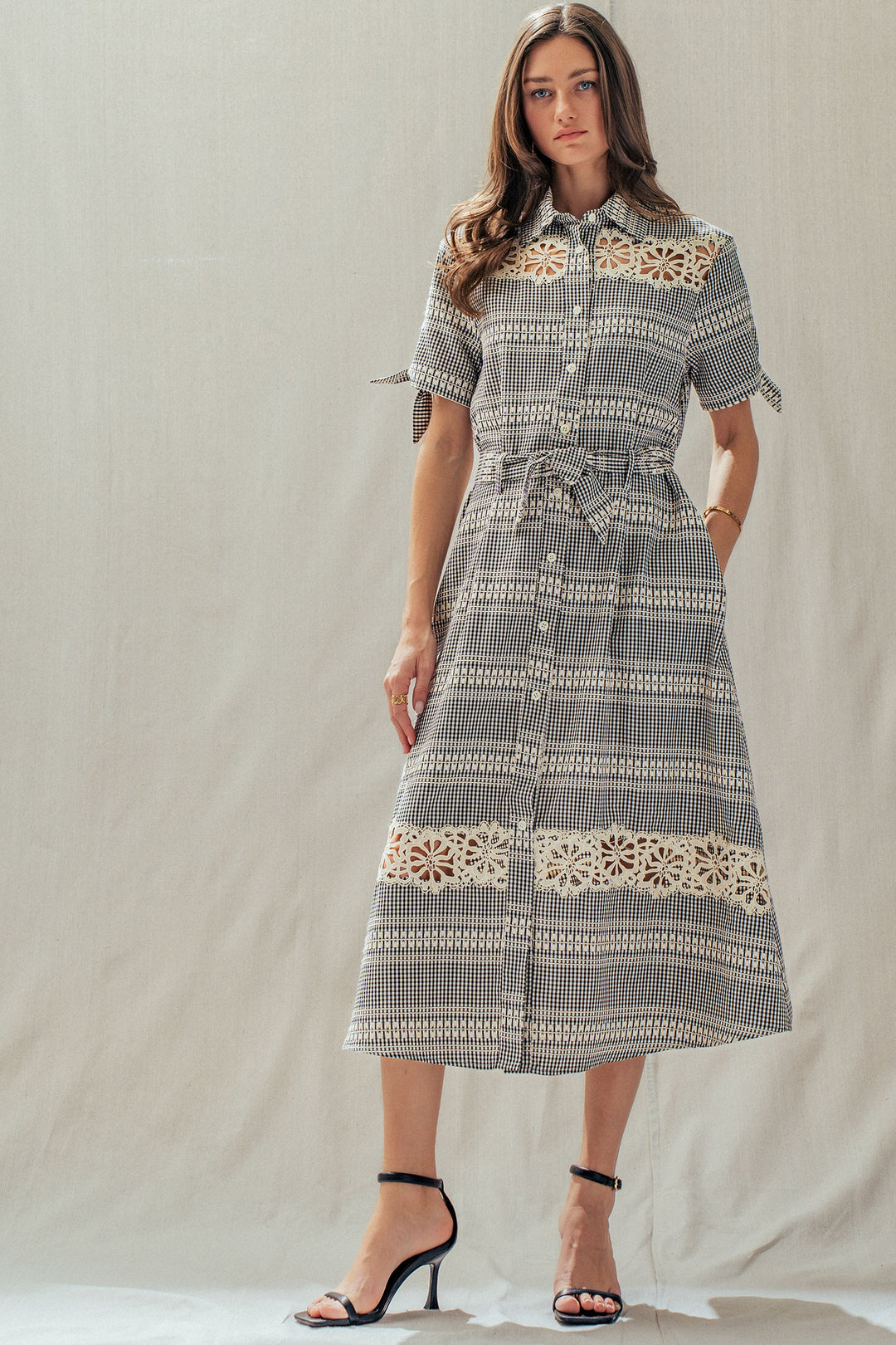 lace trim gingham button front midi dress - black (additional view)