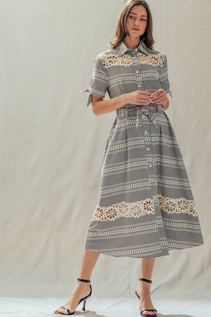 lace trim gingham button front midi dress - black (additional view)