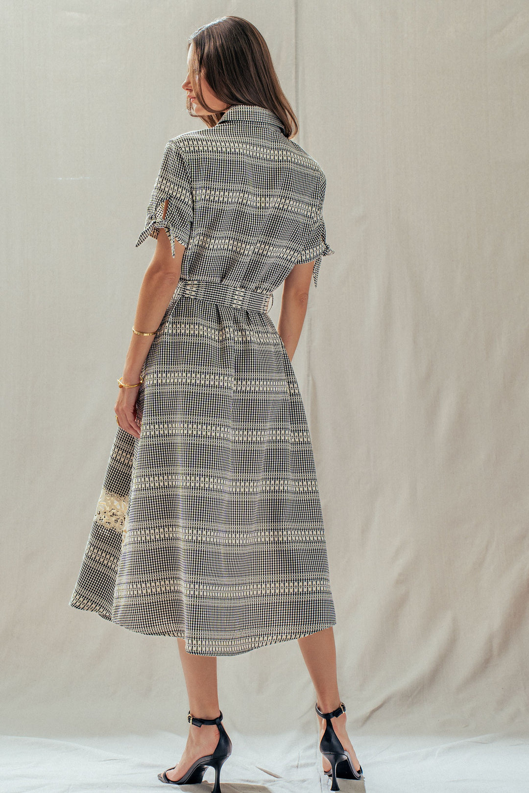 lace trim gingham button front midi dress - black (additional view)