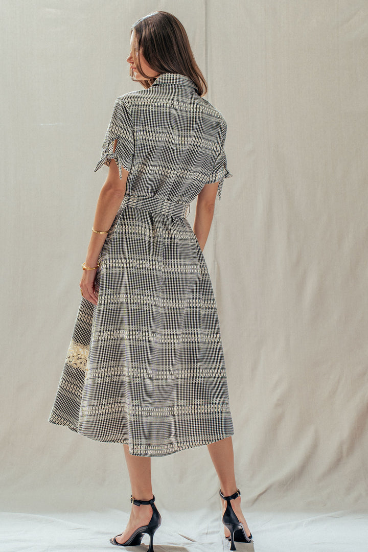 lace trim gingham button front midi dress - black (additional view)