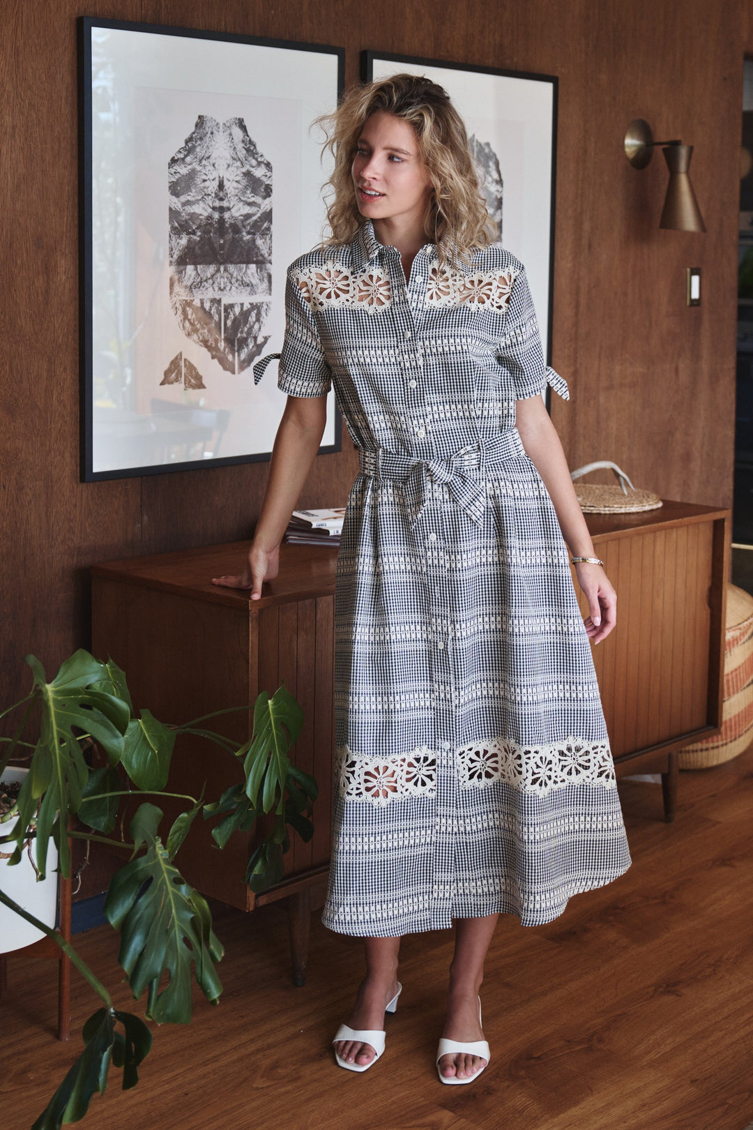 lace trim gingham button front midi dress - black (additional view)