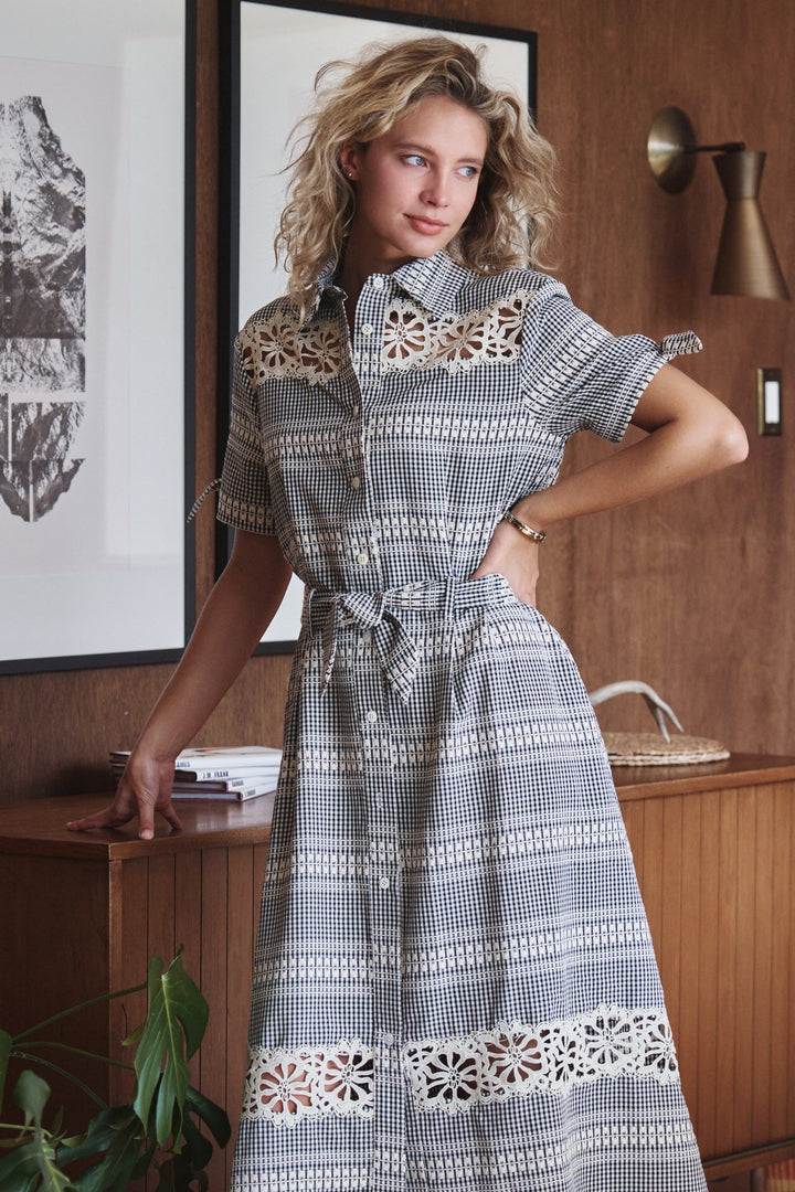 lace trim gingham button front midi dress - black (additional view)
