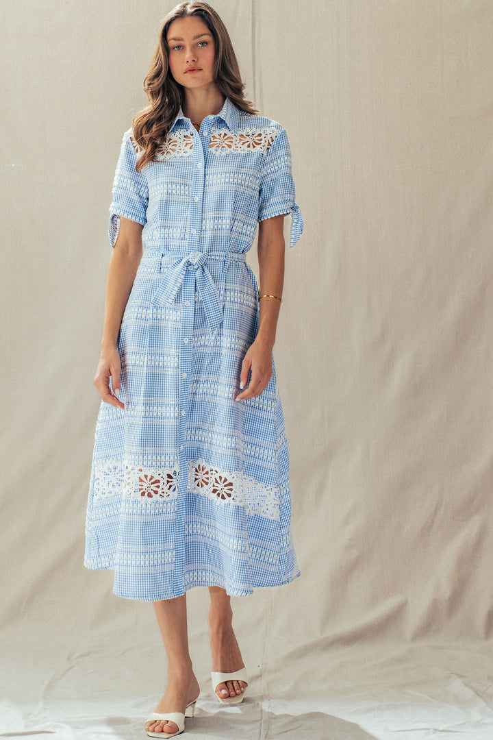 lace trim gingham button front midi dress - blue