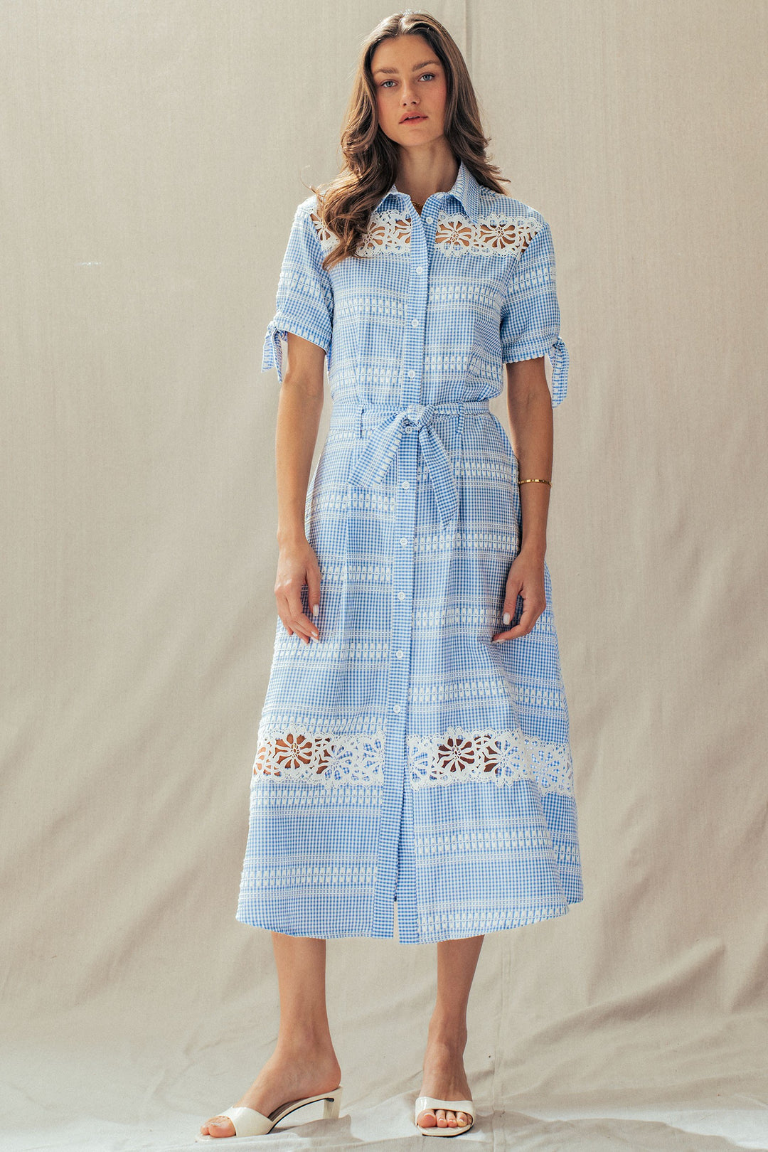 lace trim gingham button front midi dress - blue (additional view)