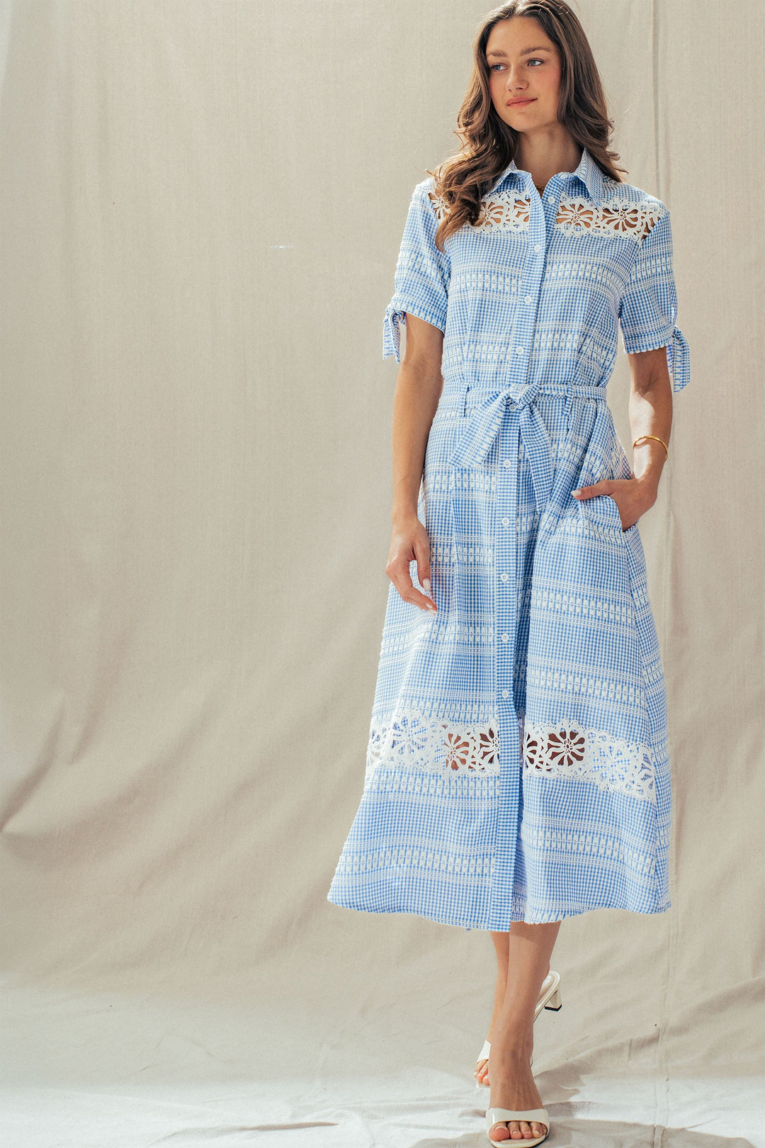 lace trim gingham button front midi dress - blue (additional view)