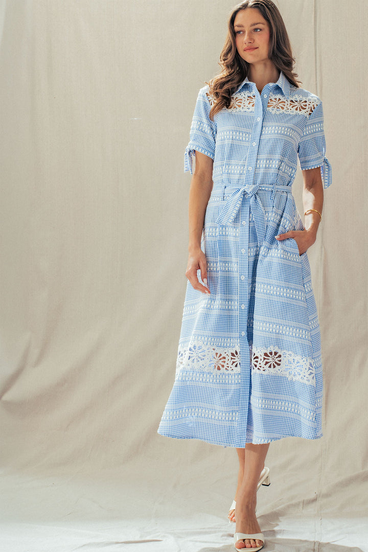 lace trim gingham button front midi dress - blue (additional view)