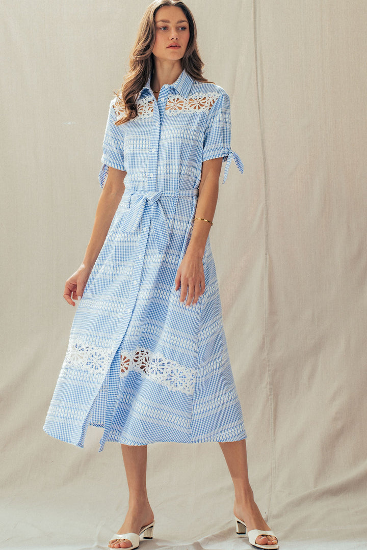 lace trim gingham button front midi dress - blue (additional view)