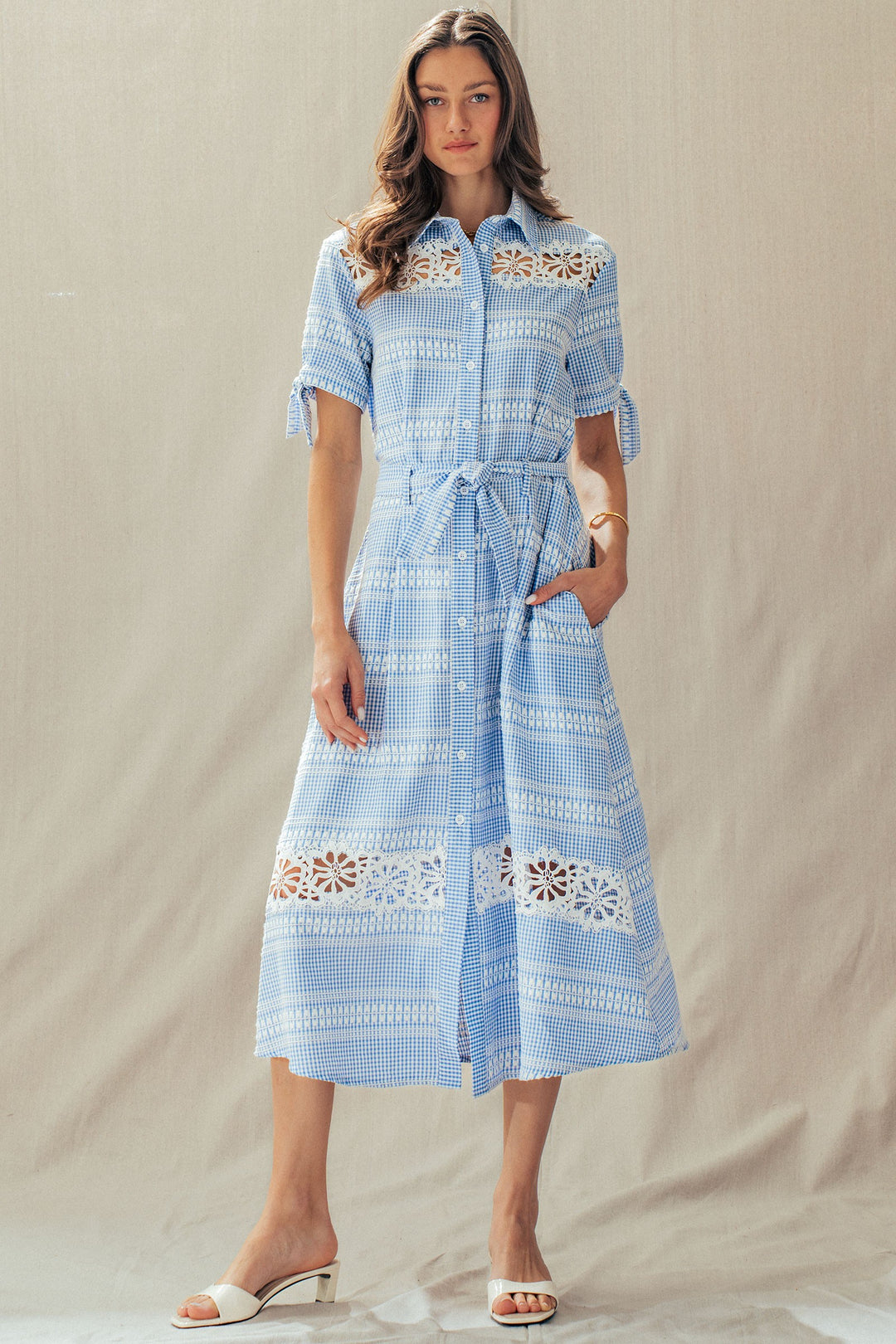 lace trim gingham button front midi dress - blue (additional view)