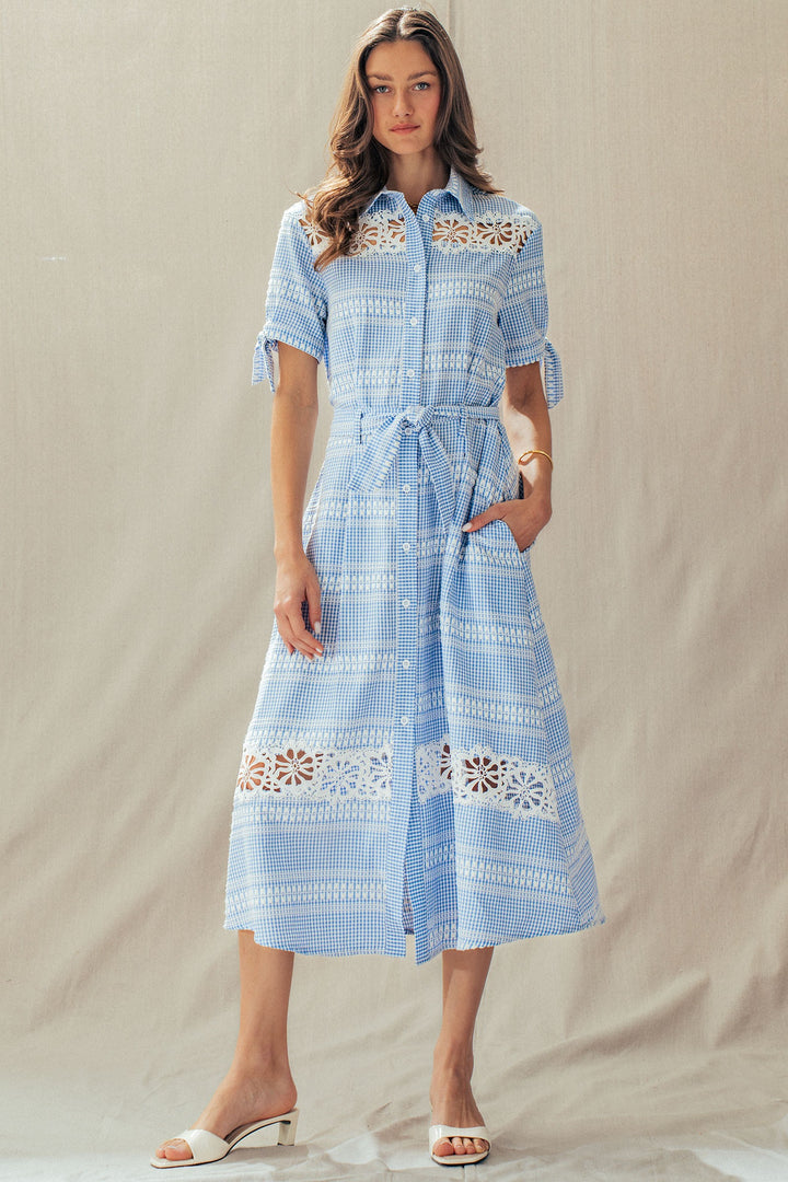 lace trim gingham button front midi dress - blue (additional view)