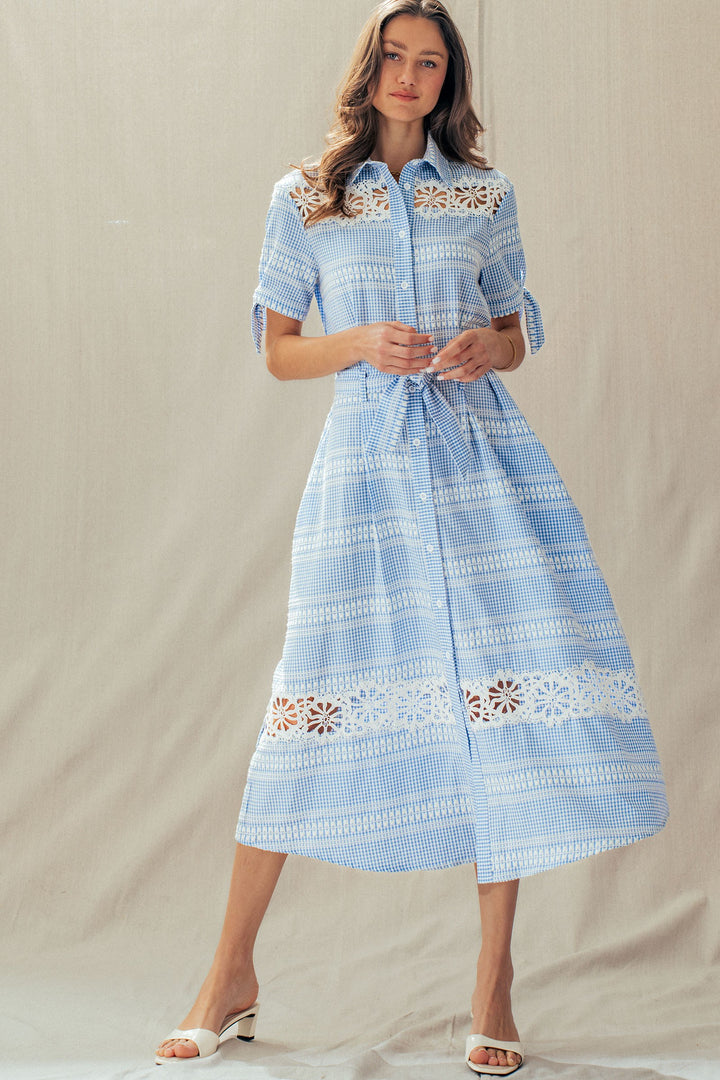 lace trim gingham button front midi dress - blue (additional view)
