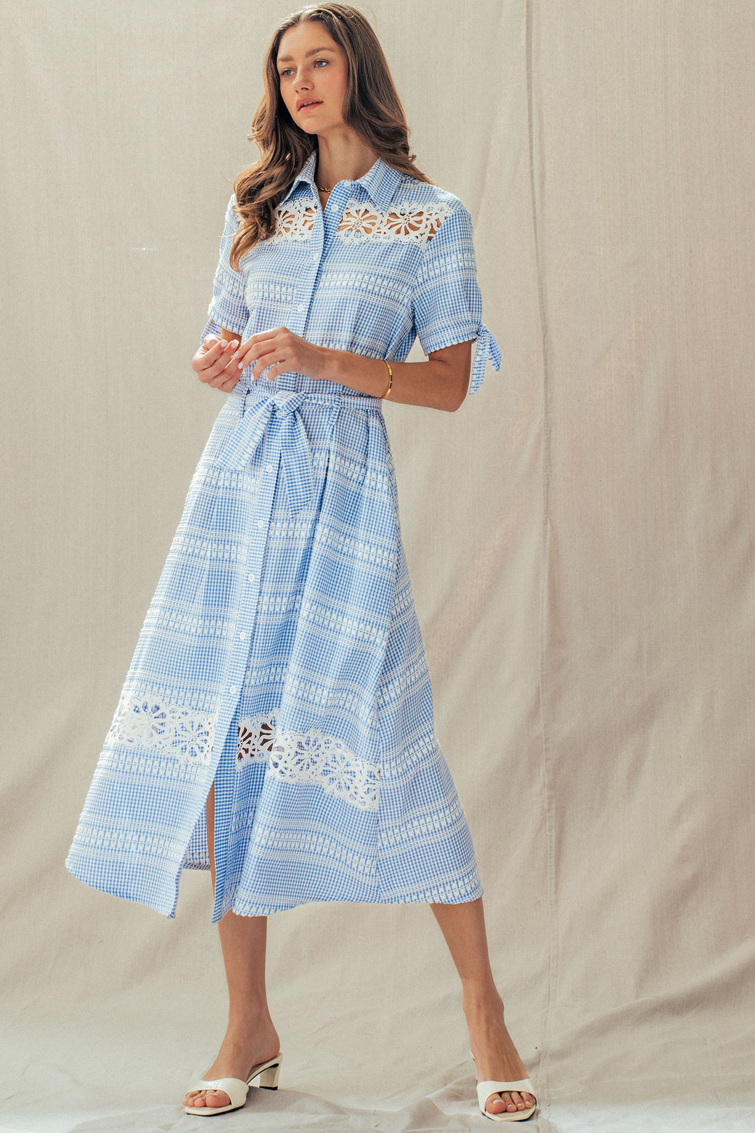 lace trim gingham button front midi dress - blue (additional view)