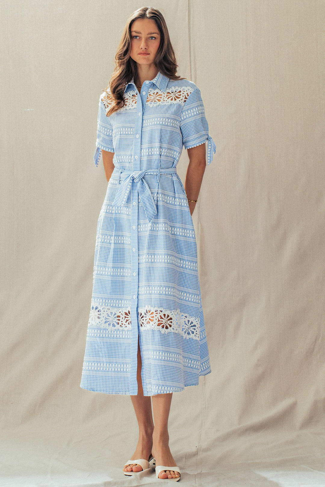 lace trim gingham button front midi dress - blue (additional view)