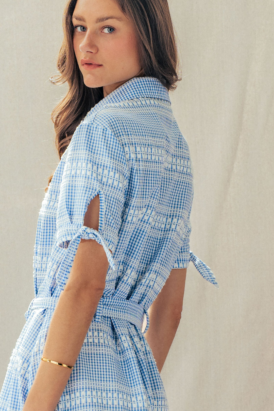 lace trim gingham button front midi dress - blue (additional view)
