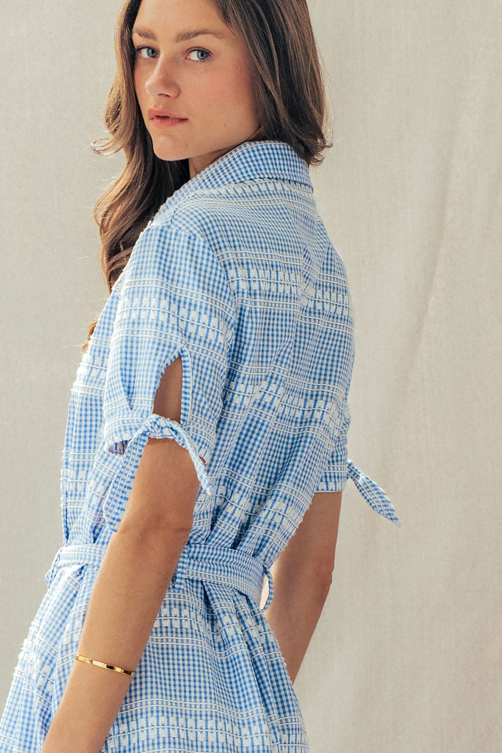 lace trim gingham button front midi dress - blue (additional view)