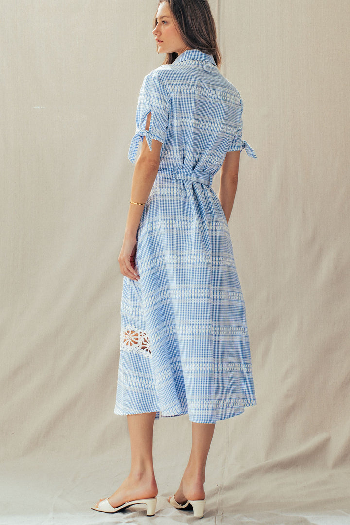 lace trim gingham button front midi dress - blue (additional view)